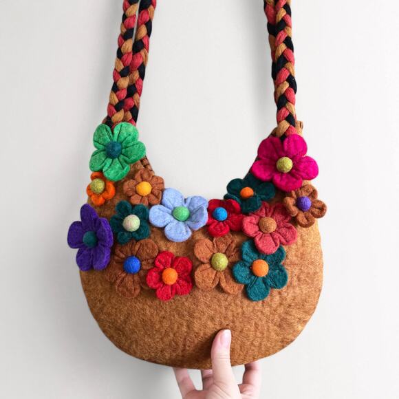 Vintage 100% Wool Handmade Nepalese Shoulder Bag Purse 3D Floral Brown Tan - Picture 5 of 11